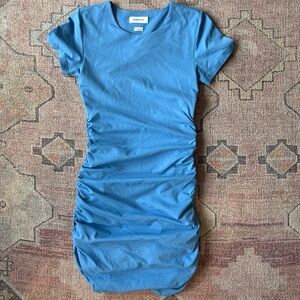 Babaton Blue Ruched Short Sleeve Dress